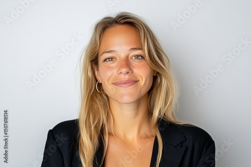 Portrait of a Young Woman Smiling With Long Blonde Hair in a Black Blazer Aga...