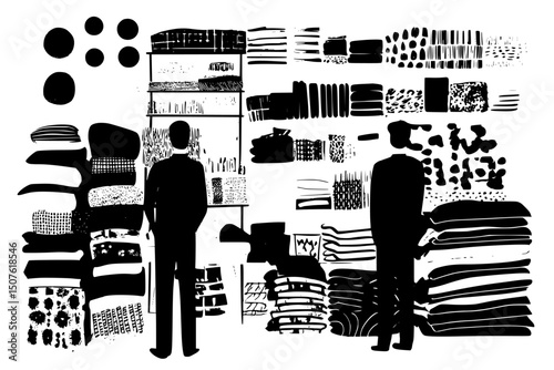 Textiles stacked beside exhausted employees, vector illustration