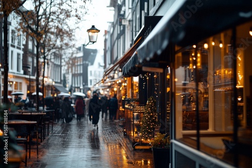 Busy Street in Amsterdam During Rainy Evening With Festive Lights and People ...