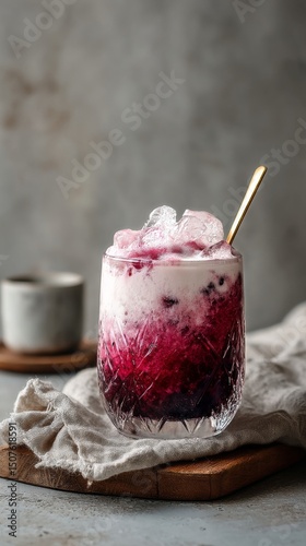 Refreshing Layered Drink With Ice in Elegant Glass on Wooden Surface