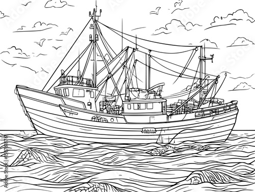 Trawlers casting enormous nets offshore, vector graphic