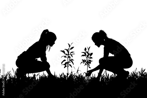 Tree planting operation for credits, black vector graphic