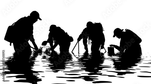 Volunteers collecting water quality samples, black vector graphic