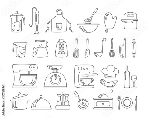 Vector set of hand-drawn kitchen icons featuring cookware, utensils, appliances, and food-related items in a clean outline style, perfect for culinary projects, menu design, or cooking apps