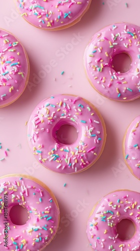 Colorful Pink Frosted Donuts With Sprinkles Arranged on a White Surface for a...
