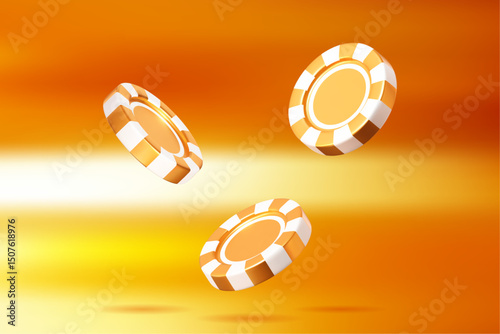 3d golden casino poker chips. Gold and white chips for betting and gambling games. 3d vector illustration on gold isolated background.