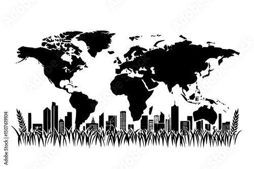 Wheat silos connecting hungry nations, vector illustration
