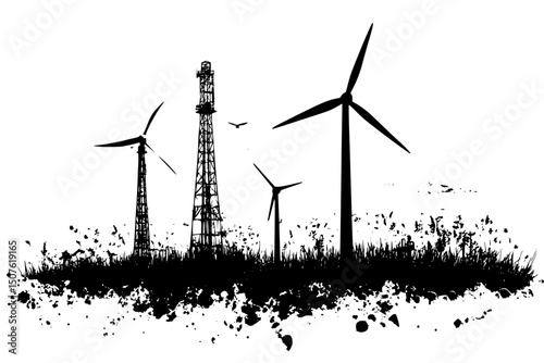 Wind turbines facing oil derricks, vector design