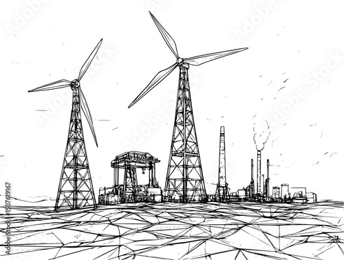 Wind turbines facing oil derricks, vector illustration art