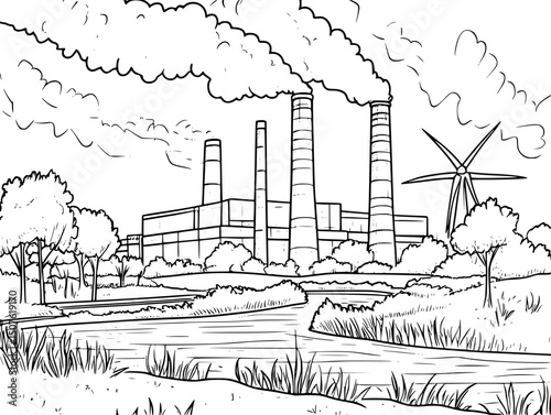 Wind turbines replacing coal stacks, vector design