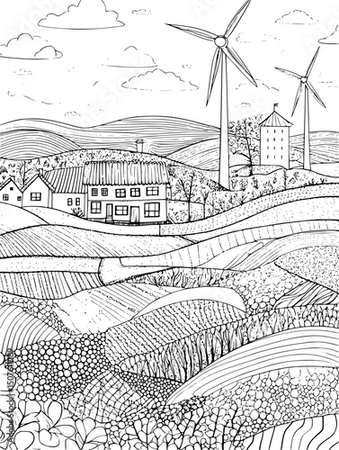 Wind turbines across rolling farm fields, vector design