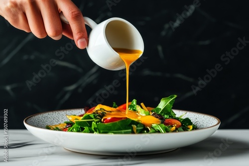 Fresh Salad Preparation With Vinaigrette Drizzle at a Stylish Dining Table