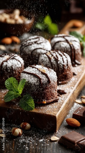 Delicious Chocolate Desserts Garnished With Mint and Almonds on a Wooden Board