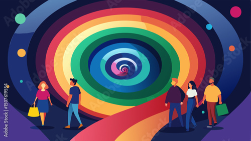 Digital Vortex A spiral portal glowing in a spectrum of colors. Shoppers with excited expressions are joining hands while stepping through together illustrating a community