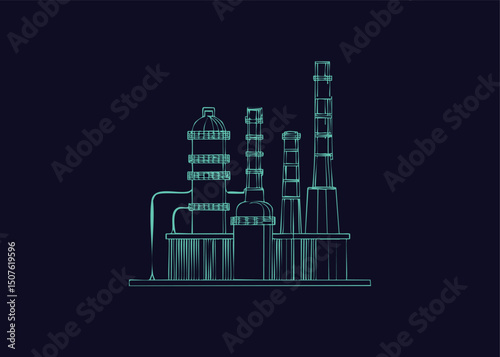 Dark illustration of neon factory with pipes; chimneys and industrial objects; buildings.