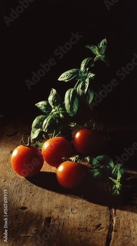 Fresh Tomatoes and Basil Arranged on a Rustic Wooden Table During Evening Light