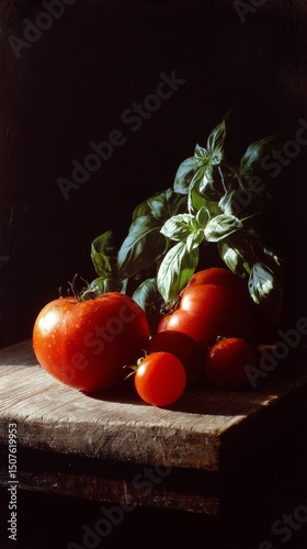 Fresh Tomatoes and Basil Arranged on a Rustic Wooden Surface in Low Light Set...