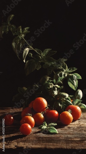 Fresh Tomatoes and Basil Arranged on a Rustic Wooden Surface in Low Light Set...
