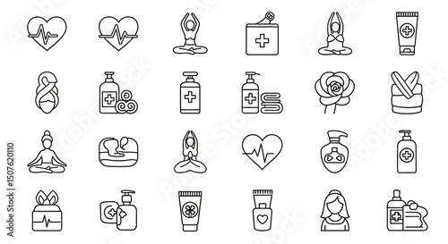 Wellness and Beauty Line Icons Yoga, Heartbeat, Skincare, and More