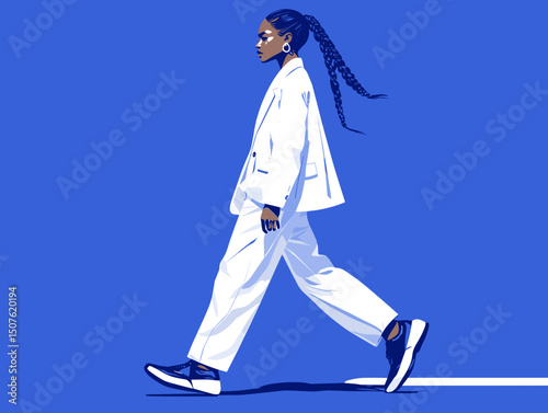 Dynamic Stroll: An illustration capturing the poised stride of a woman in a crisp white suit on a vibrant blue backdrop, exuding confidence.