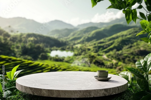 Scenic View of Mountains With Stone Display Platform Surrounded by Lush Greenery