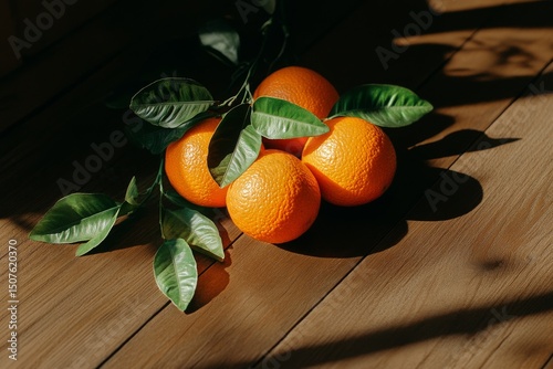 Fresh Oranges With Green Leaves on a Wooden Table With Smoke Effects in a Dar...