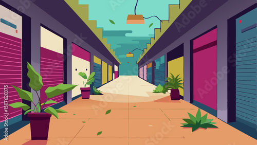 Desolate Walkways A long corridor lined with shuttered storefronts plants wilted by the lack of attention and murals on the walls depicting vibrant shopping scenes.