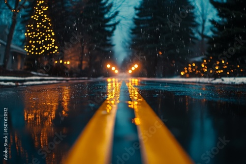 Rainy Autumn Road Surrounded by Trees Reflecting Warm Light at Dusk