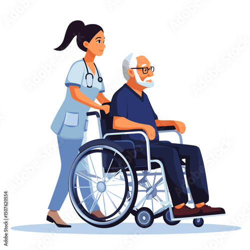 Care and Compassion: A dedicated caregiver provides support to an elderly gentleman in a wheelchair, a scene of kindness.
