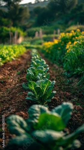 Fresh Green Spinach Growing in a Sunlit Garden Bed During Early Morning Hours