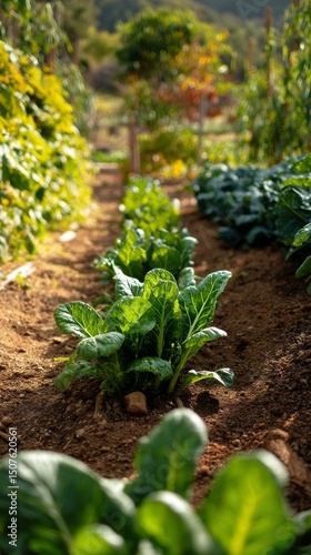 Bright Green Spinach Growing in an Organic Garden During the Golden Hour of t...