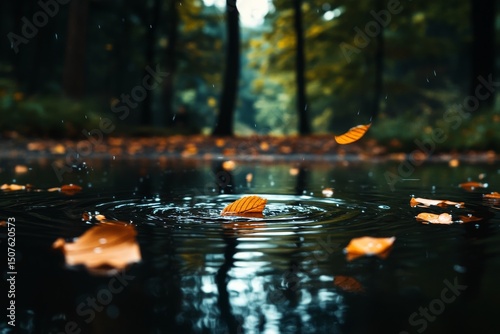Golden Autumn Leaves Fall Into a Serene Forest Pond Creating Ripples of Water...