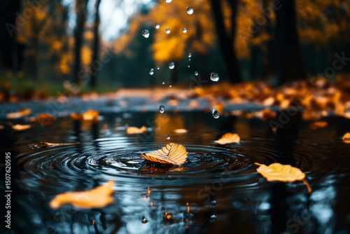 Raindrops Create Ripples in a Puddle Surrounded by Autumn Leaves in a Tranqui...