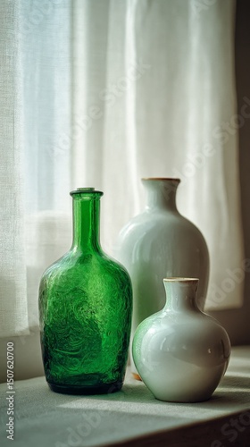 Beautiful Collection of Glass Vases Displayed Near a Window in Soft Natural L...