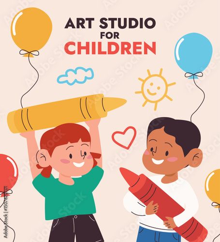 Creative art studio for children promo banner. Horizontal advertising banner. Boy and girl students draw sun, cloud and heart with giant crayons. Back to school, education concept. Vector illustration