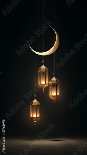 Elegant Lanterns Hang Beneath a Crescent Moon in a Mystical Setting During Ni...