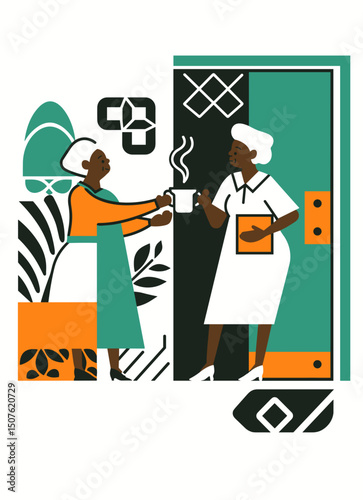 Warm Welcome at the Doorstep: A friendly exchange between two figures at a front door, depicting an act of kindness and hospitality. The inviting scene conveys the essence of warmth, community.