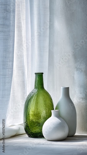 Elegant Display of Glass and Ceramic Vases on a Table Near Window With Soft N...