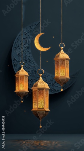 Elegant Lanterns Hang Beneath a Crescent Moon in a Mystical Setting During Ni...
