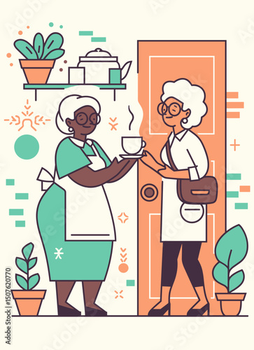 A Cup of Hospitality: Depicting a scene of heartwarming hospitality, a woman offering a cup of hot beverage to her guest, embodying warmth, companionship and welcoming atmosphere.