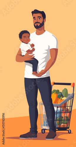 Father and Children: A heartwarming illustration captures a father holding his baby, with his other child close by a shopping cart filled with groceries.