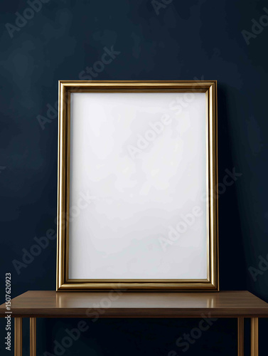 Elegant frame on a modern table as decoration the frame is in the centre and the main point of the image dark blue background the poster in the frame is whit