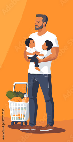 Father with Twins Grocery Shopping: A strong father figure lovingly holds his twin babies while a small shopping cart filled with fresh groceries sits nearby. This heartwarming image portrays family.