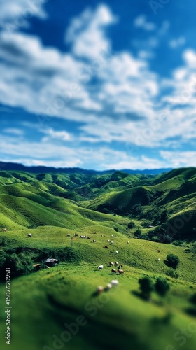 Lush Green Hills With Grazing Cows Under a Bright Blue Sky at Midday in a Rur...