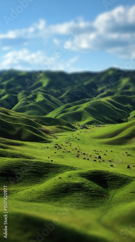 Lush Green Hills With Grazing Cows Under a Bright Blue Sky at Midday in a Rur...