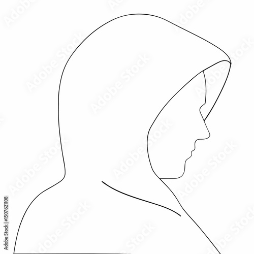 Person wearing a hooded cloak coloring page simple and minimal line art illustration on white background