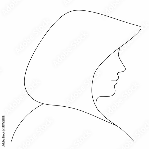 Person wearing a hooded cloak coloring page simple and minimal line art illustration on white background