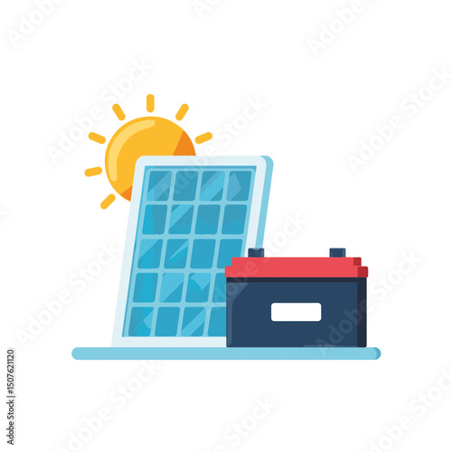 Solar panel charging battery with sun icon illustrating renewable energy technology against a clean background, eco-friendly concept of green energy providers or electricians
