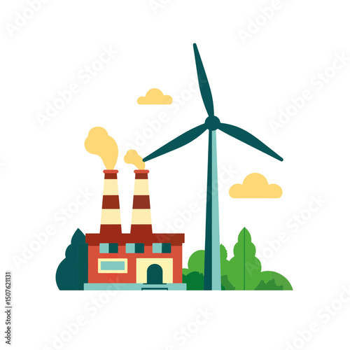 Industrial factory with smokestacks and wind turbine under a blue sky with cartoon clouds representing the energy sector, sustainable development concept of environmental organizations