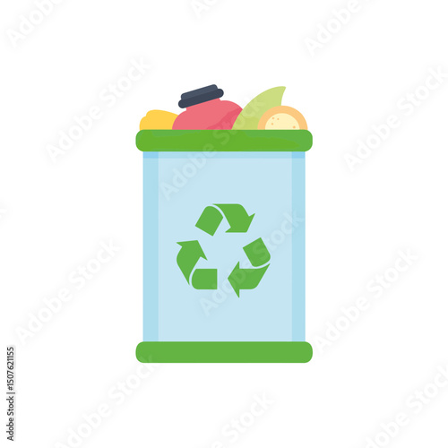 Colorful recycling bin filled with organic waste, symbolizing sustainable practices, in a minimalist design against a clean white background, eco-friendly concept of waste management or environmental 